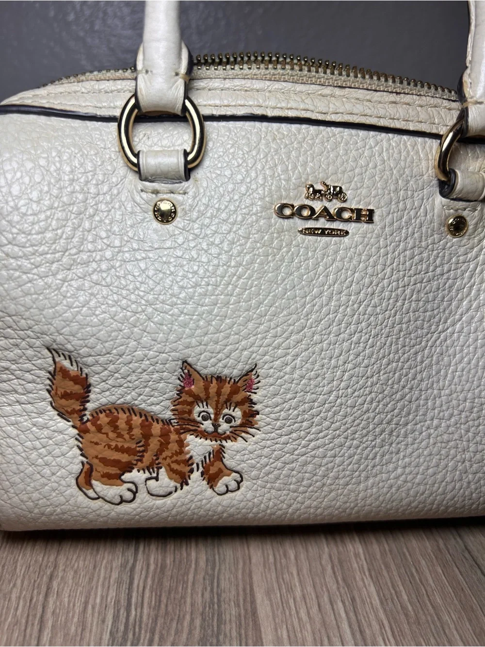 Coach Cream Pebbled Leather Satchel with Cat Patch